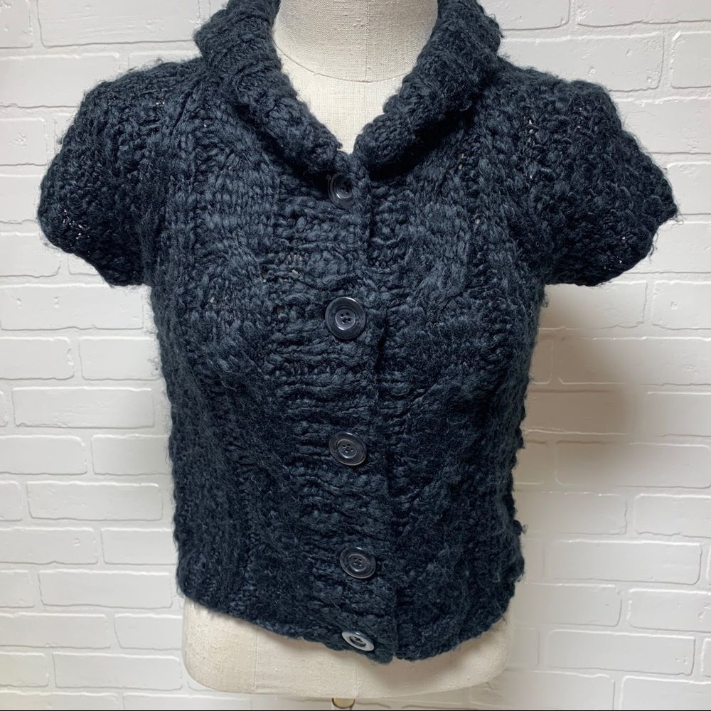 NWT Vivienne Tam, Black Short Sleeve Button Front Fluffy Sweater Sz XS (1027)